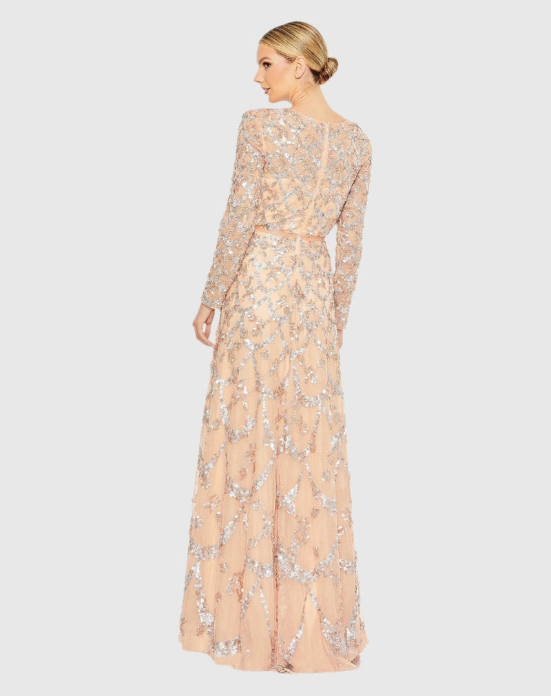 Embellished illusion high neck long sleeve A-line modest gown - Blush