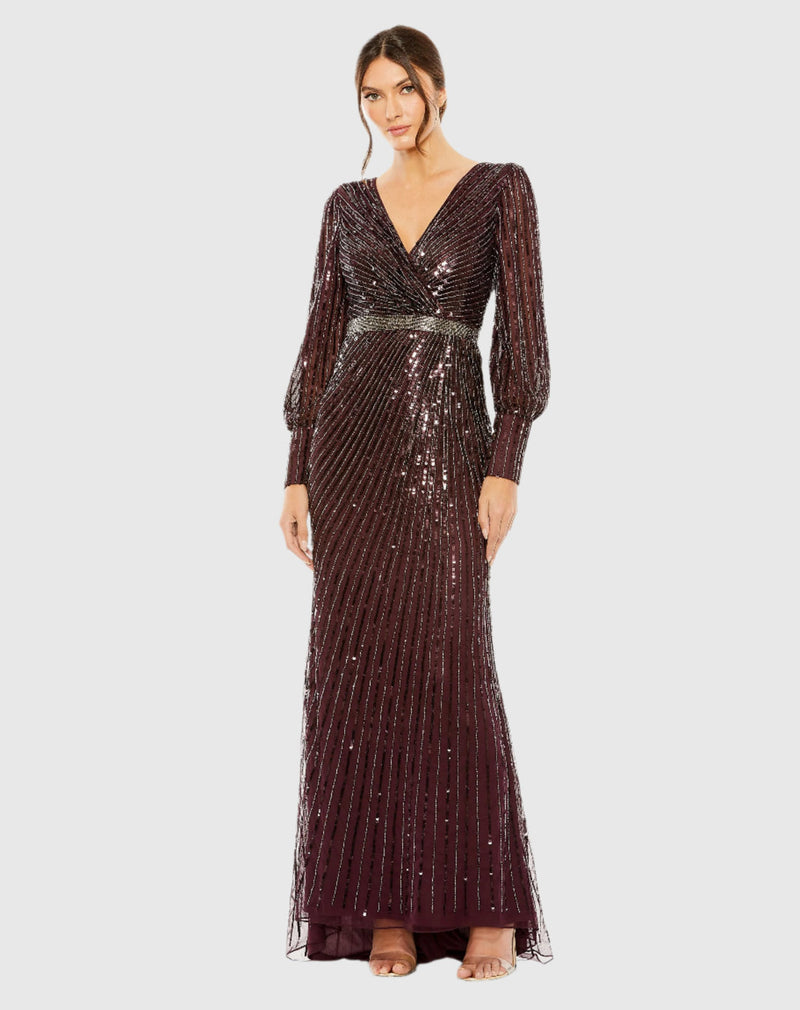 Sequin Long Sleeve Wrap Gown - Raspberry