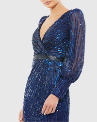 Sequin Long Sleeve Wrap Gown - Raspberry