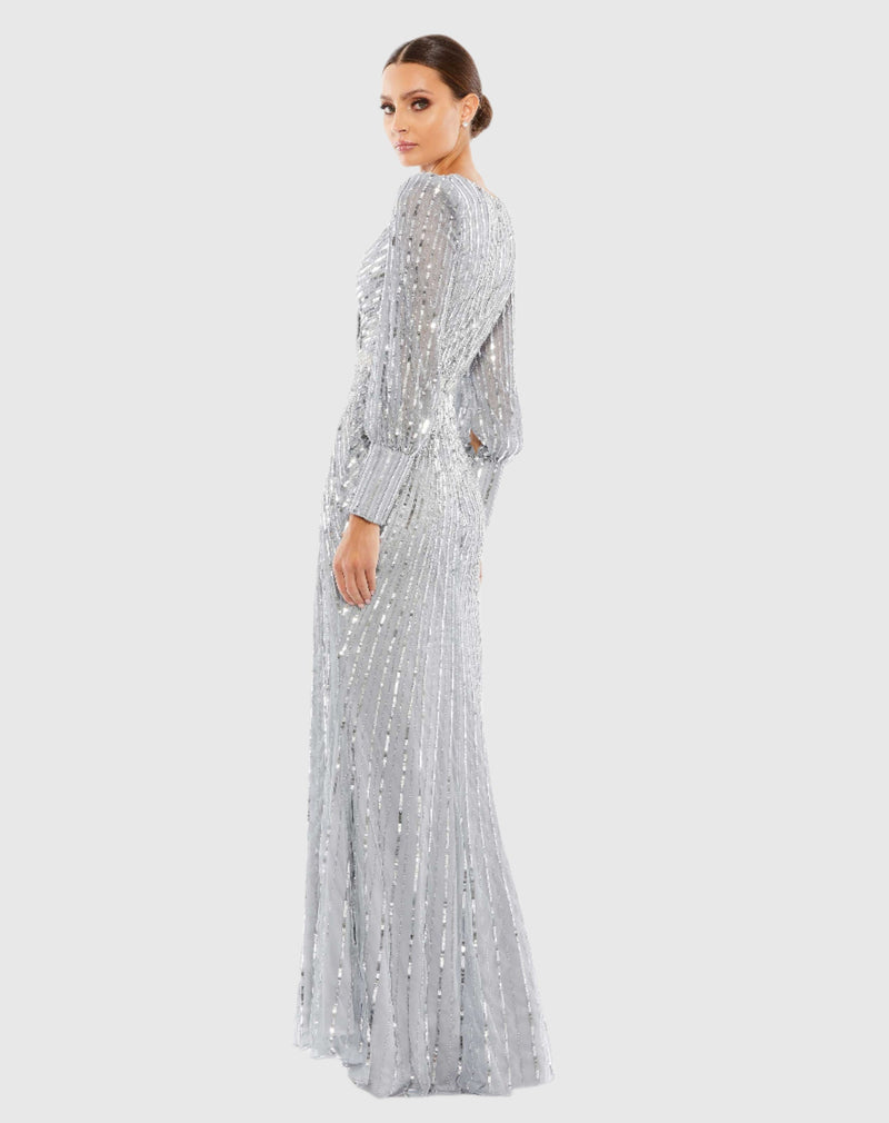 Sequin Long Sleeve Wrap Gown - Silver