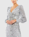 Sequin Long Sleeve Wrap Gown - Silver