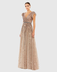 Sequin wrap over ruffle sleeve gown - Blackberry