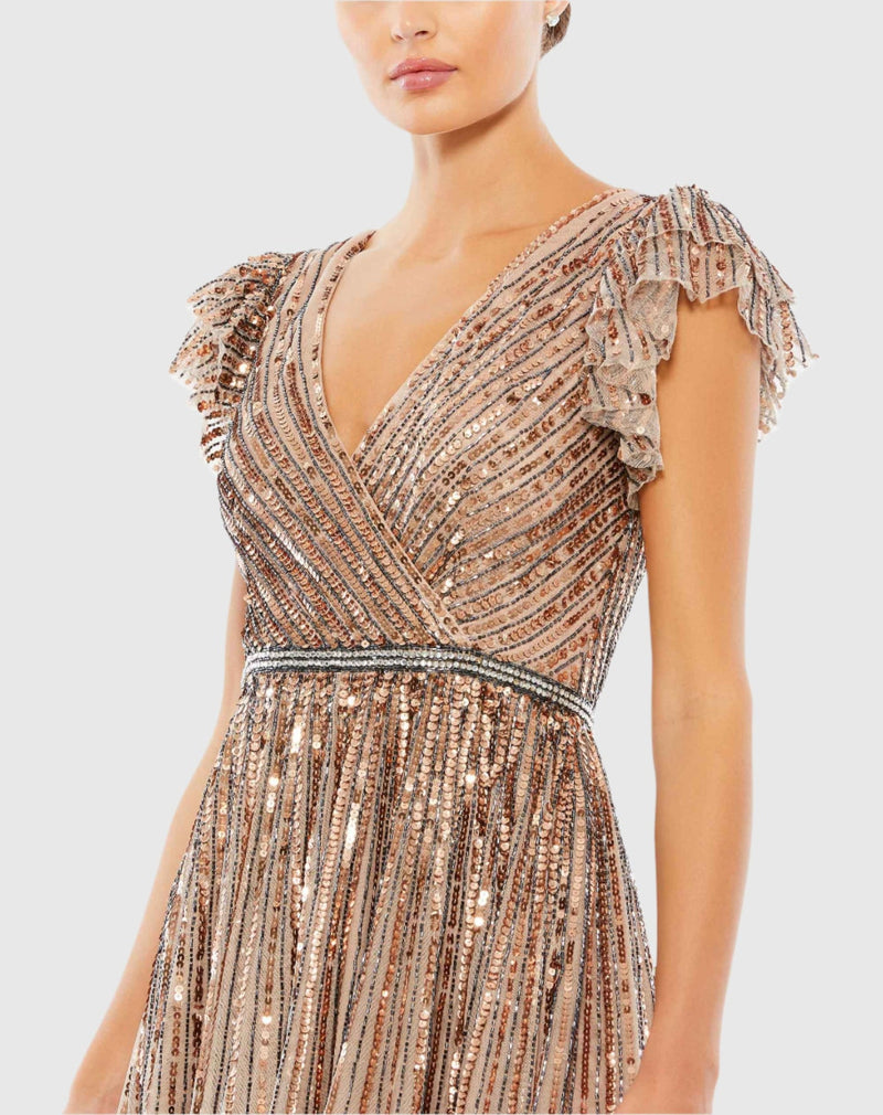 Sequin wrap over ruffle sleeve gown - Seamist