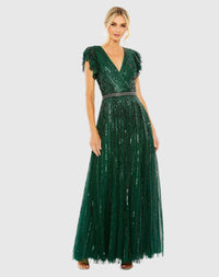 Mac Duggal #5502 Sequinned Wrap Over Ruffled Cap Sleeve Gown, Deep Green 