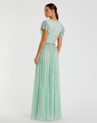 Sequin wrap over ruffle sleeve gown - Emerald Green