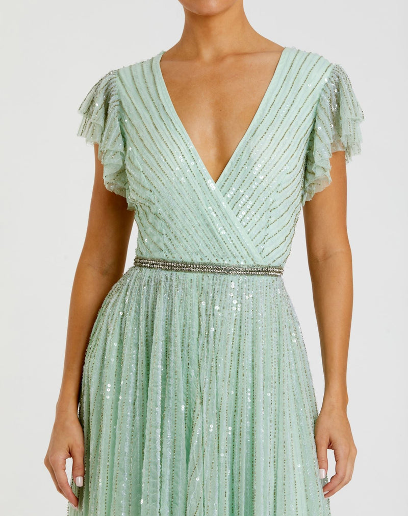 Sequin wrap over ruffle sleeve gown - Seamist