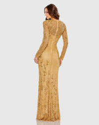 Long sleeve mesh embellished gown - Gold