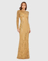 Mac Duggal, Long sleeve mesh embellished modest gown, Gold #5504