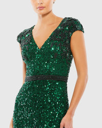 Embellished V-Neck cap sleeve sequin gown - Green