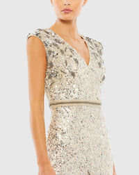 Embellished V-Neck cap sleeve sequin gown - Silver