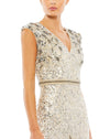 Mac Duggal Style #5055 Embellished V-Neck cap sleeve sequin gown - silver nude close up view