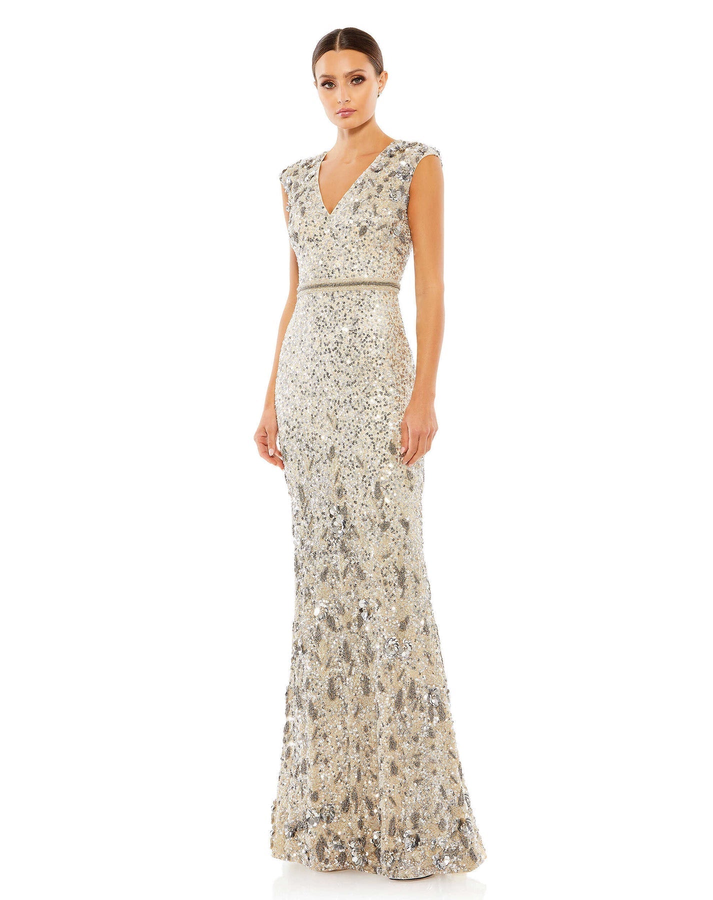 Mac Duggal Embellished V Neck cap sleeve sequin gown Silver