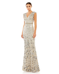 Mac Duggal Style #5055 Embellished V-Neck cap sleeve sequin gown - silver nude  front view