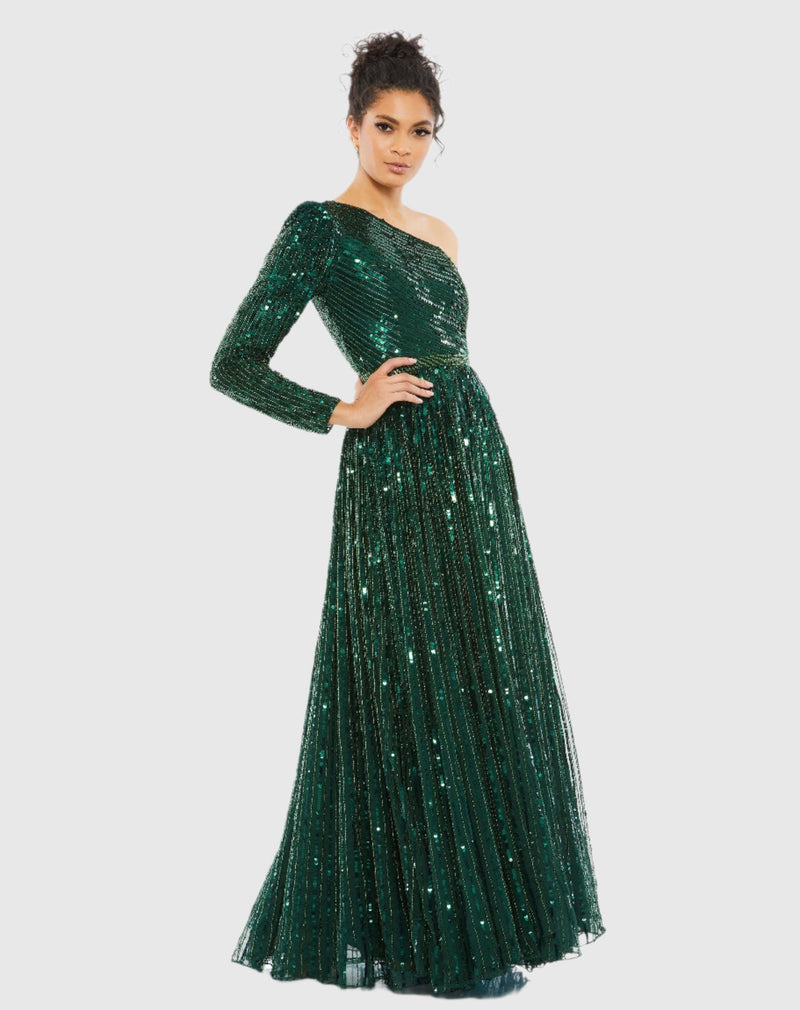 Mac Duggal #5508 Sequin One Shoulder A Line Gown, Emerald