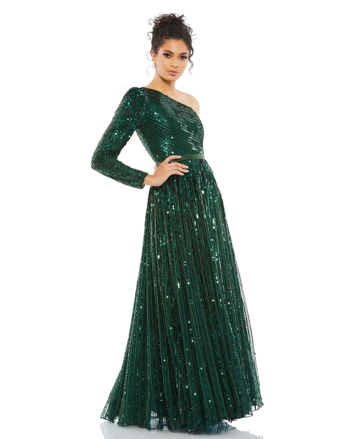 Mac Duggal #5508 Sequin One Shoulder A Line Gown, Emerald