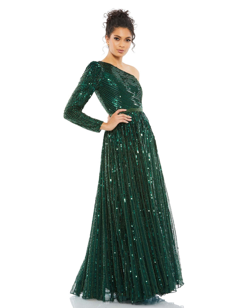 Mac Duggal #5508 Sequin One Shoulder A Line Gown, Emerald