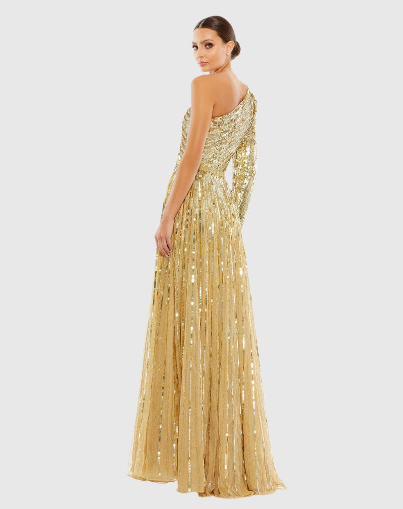 Sequin One Shoulder A Line Gown - Gold