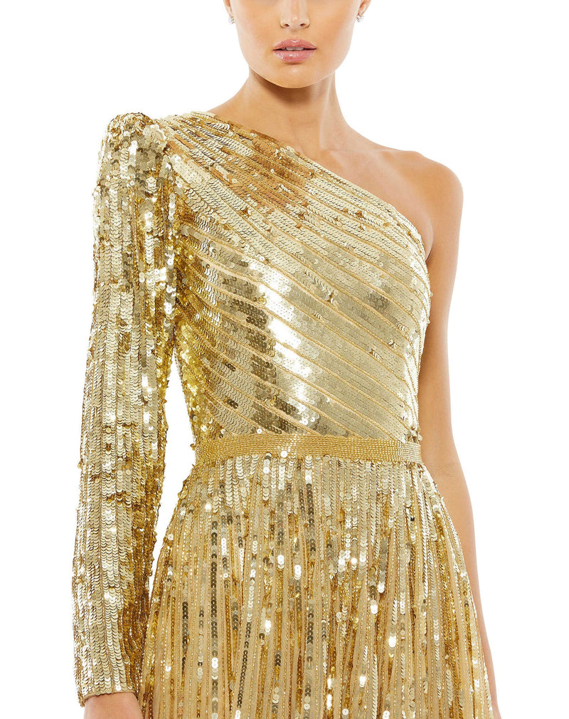 Sequin One Shoulder A Line Gown - Gold