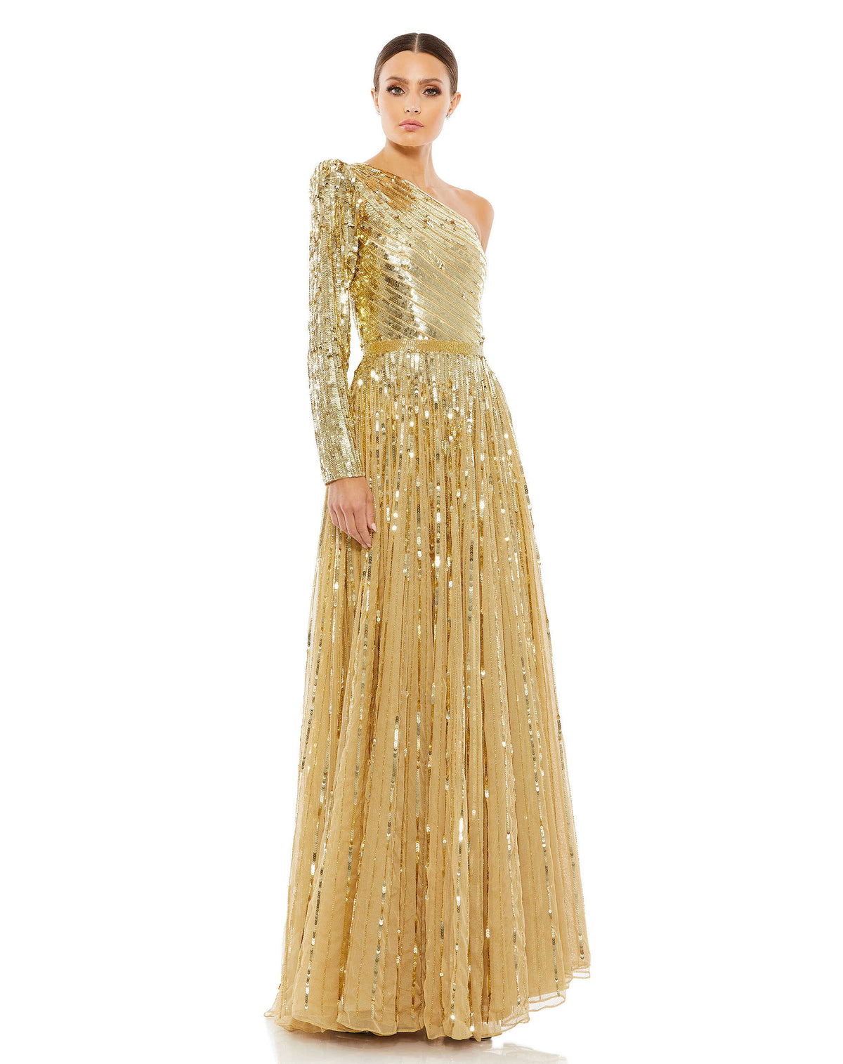 Mac Duggal #5508 Sequin One Shoulder A Line Gown, Gold 