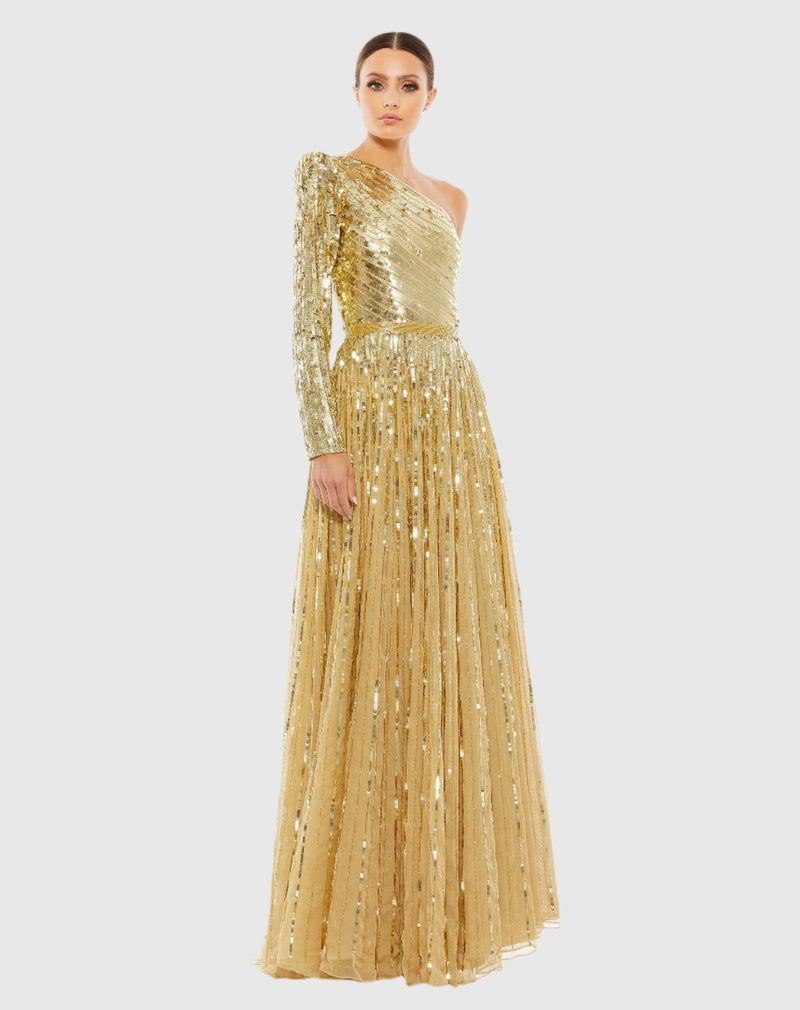 Mac Duggal #5508 Sequin One Shoulder A Line Gown, Gold 