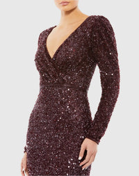 Sequin Wrap Over Puff Long Sleeve Gown - Gold