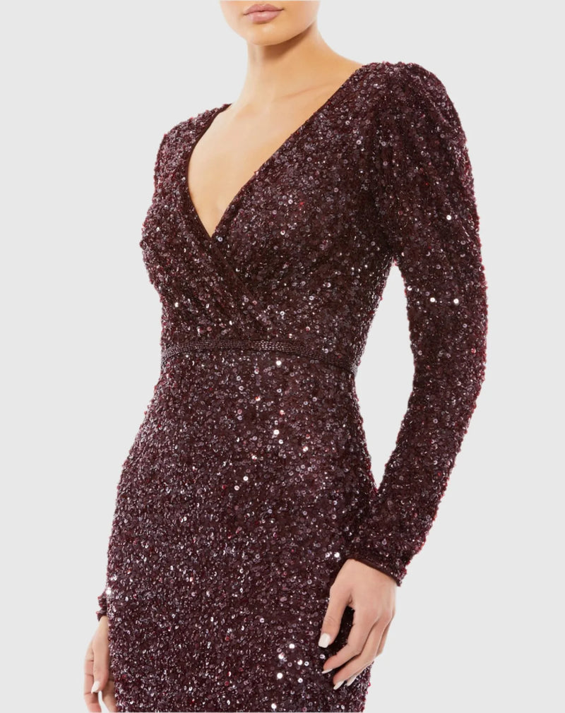 Sequin Wrap Over Puff Long Sleeve Gown - Dark Red