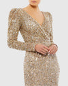 Sequin Wrap Over Puff Long Sleeve Gown - Gold