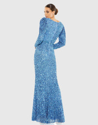 Sequin Wrap Over Puff Long Sleeve Gown - French Blue