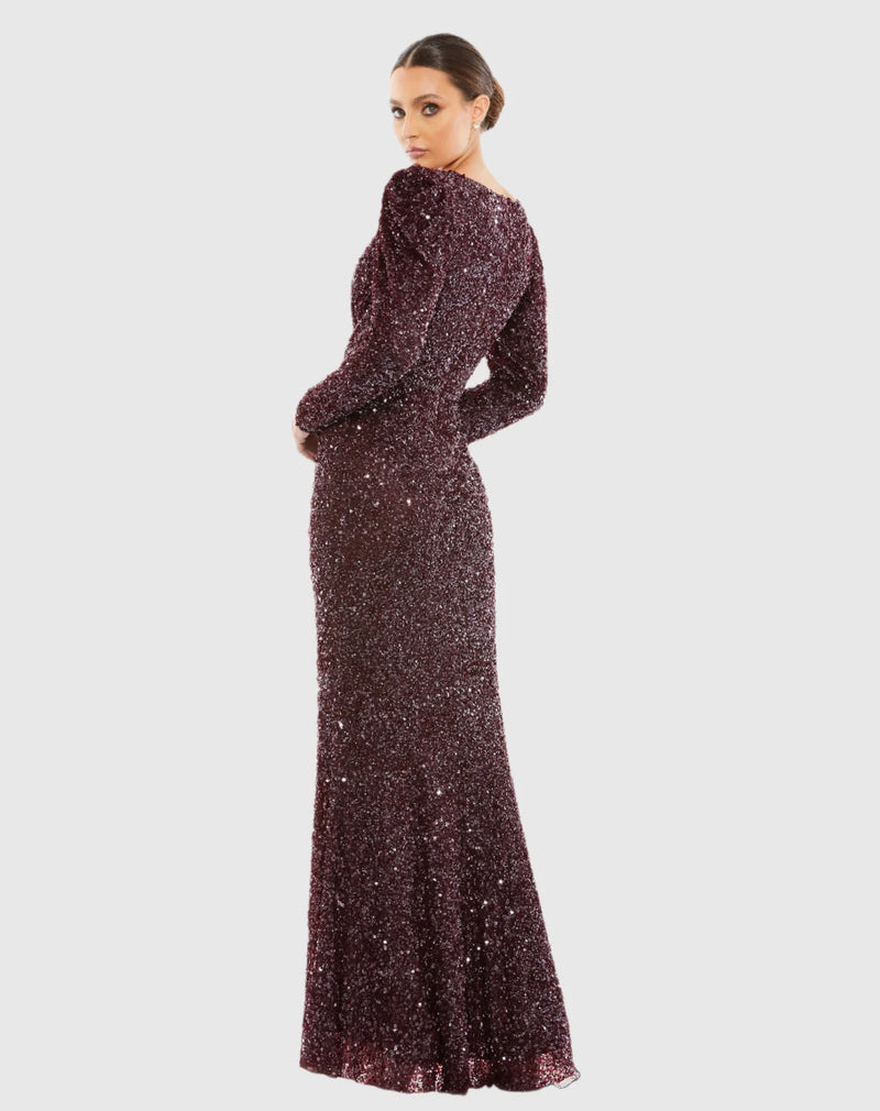 Sequin Wrap Over Puff Long Sleeve Gown - Dark Red