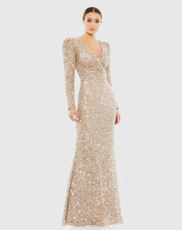 Sequin Wrap Over Puff Long Sleeve Gown - Gold