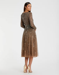 Brown Long Sleeve Tea Length Dress - Taupe