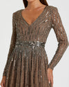 Brown Long Sleeve Tea Length Dress - Taupe