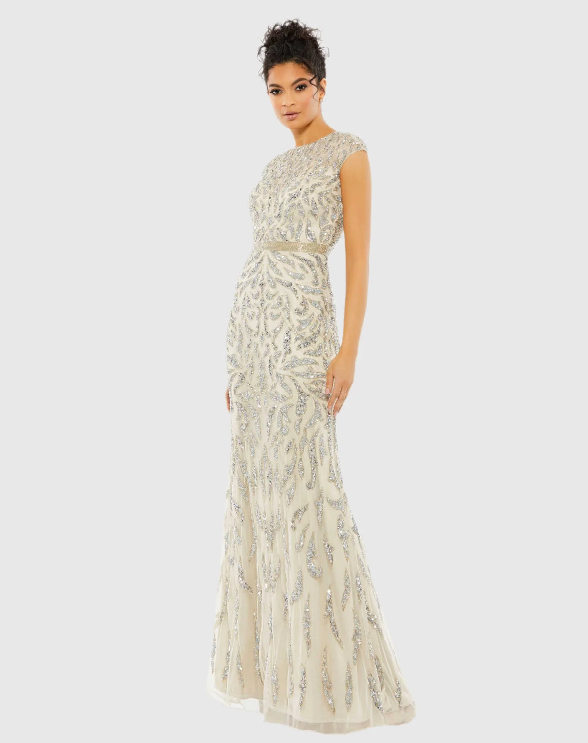 Mac Duggal White and Silver Embellished Illusion Cap Sleeve Column Gown #5532