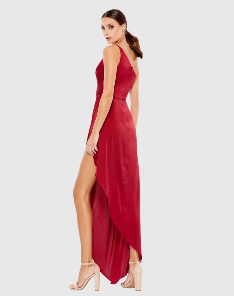 Red One Shoulder Hi-Low Draped Charmeuse Dress - White