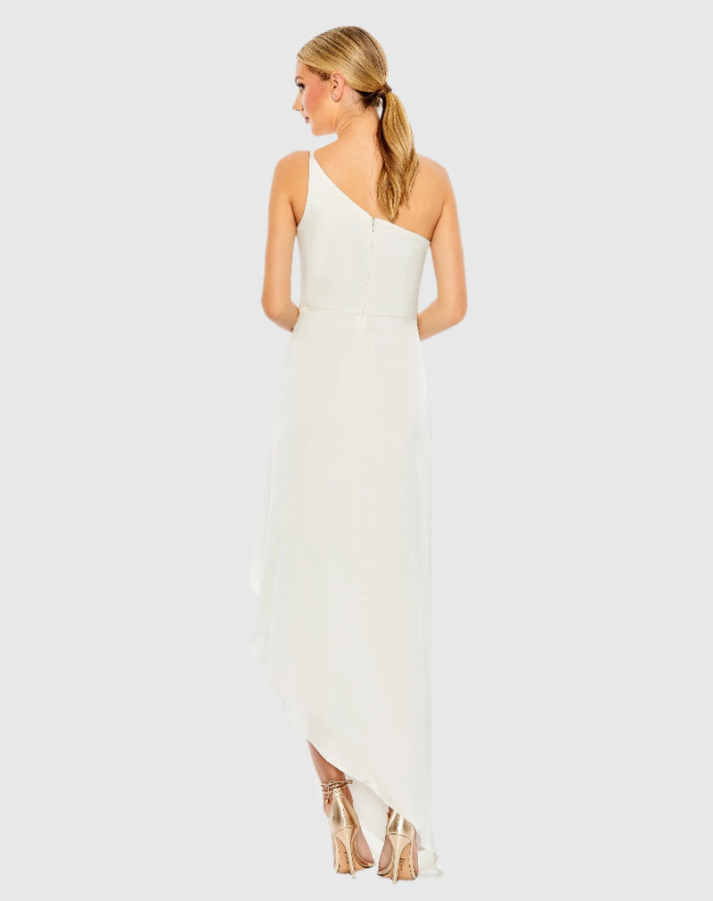 Red One Shoulder Hi-Low Draped Charmeuse Dress - White