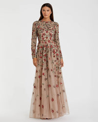 Mac Duggal, Floral Embellished Modest Gown - Antique Rose #5533