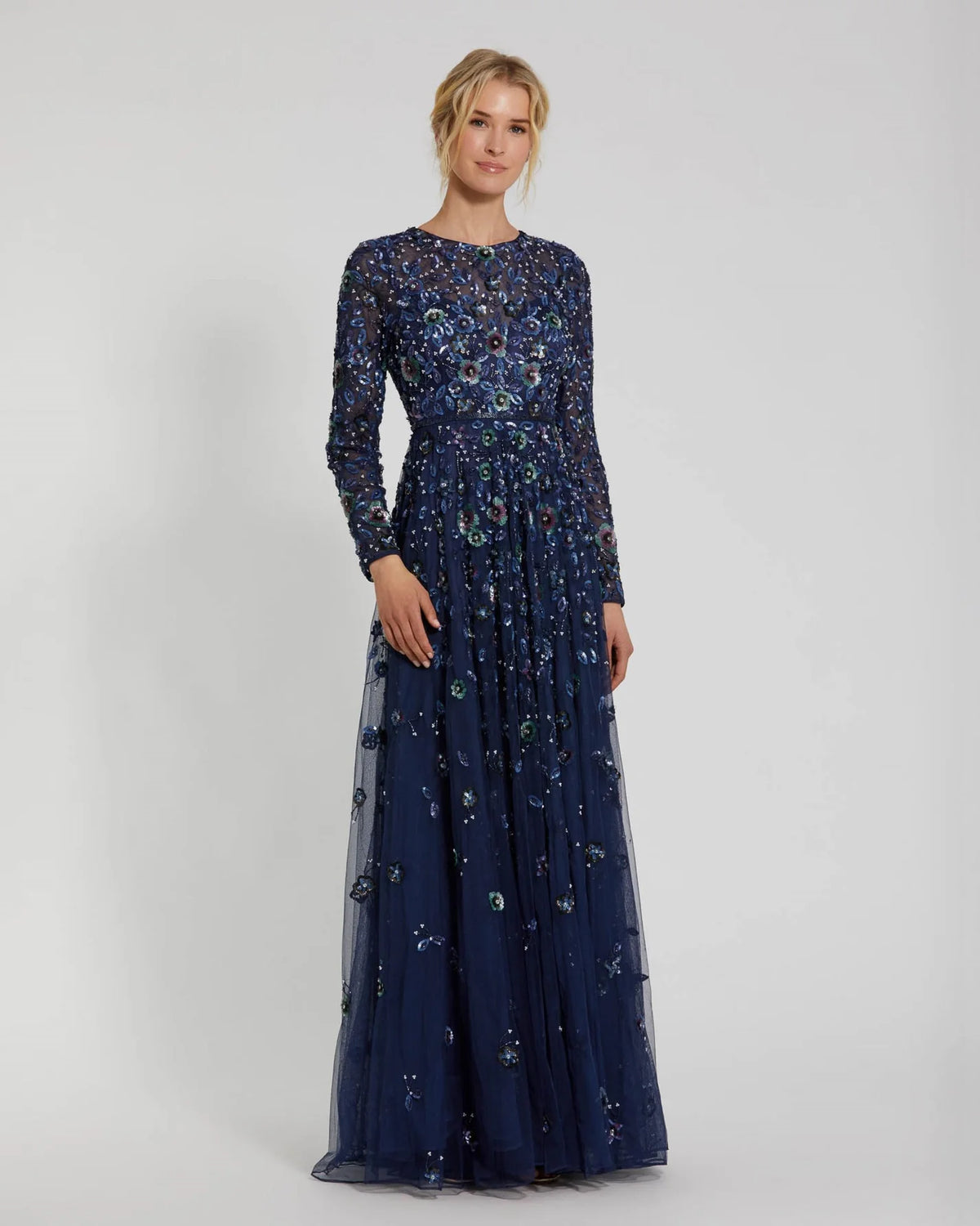 Mac Duggal, Floral Embellished Modest Gown - Navy #5533