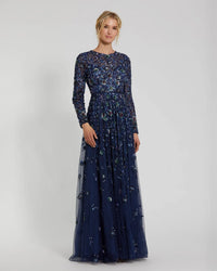 Mac Duggal, Floral Embellished Modest Gown - Navy #5533