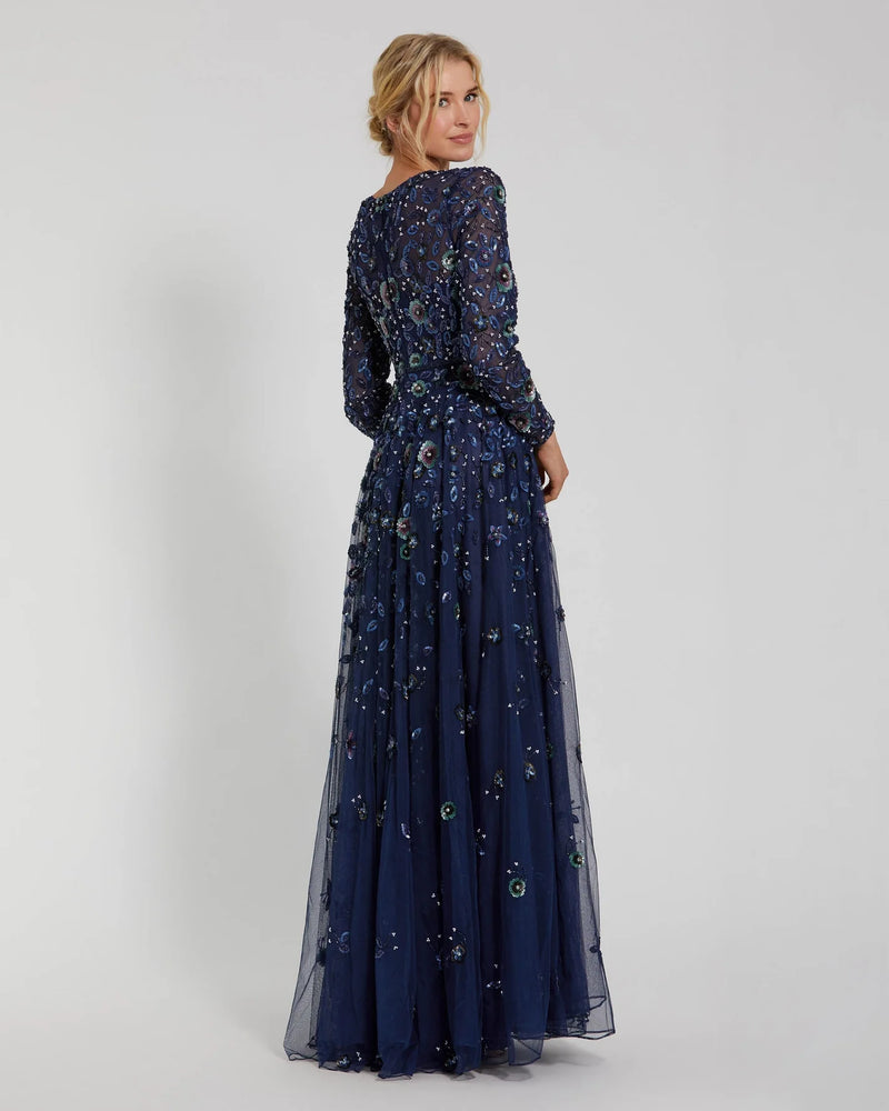 Floral Embellished Modest Gown - Navy