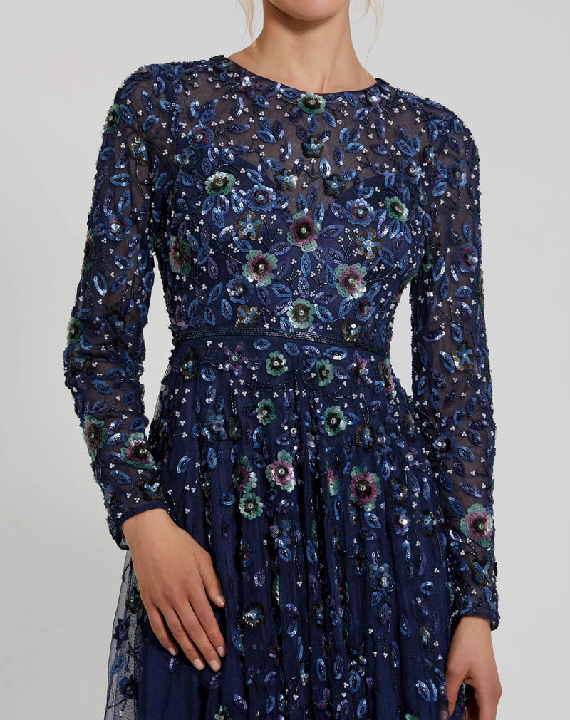 Floral Embellished Modest Gown - Navy