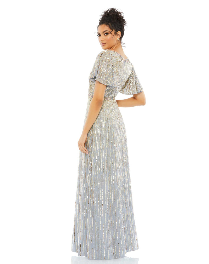 mac duggal, EMBELLISHED V NECK BUTTERFLY SLEEVE COLUMN GOWN, platinum Style #5538 side view