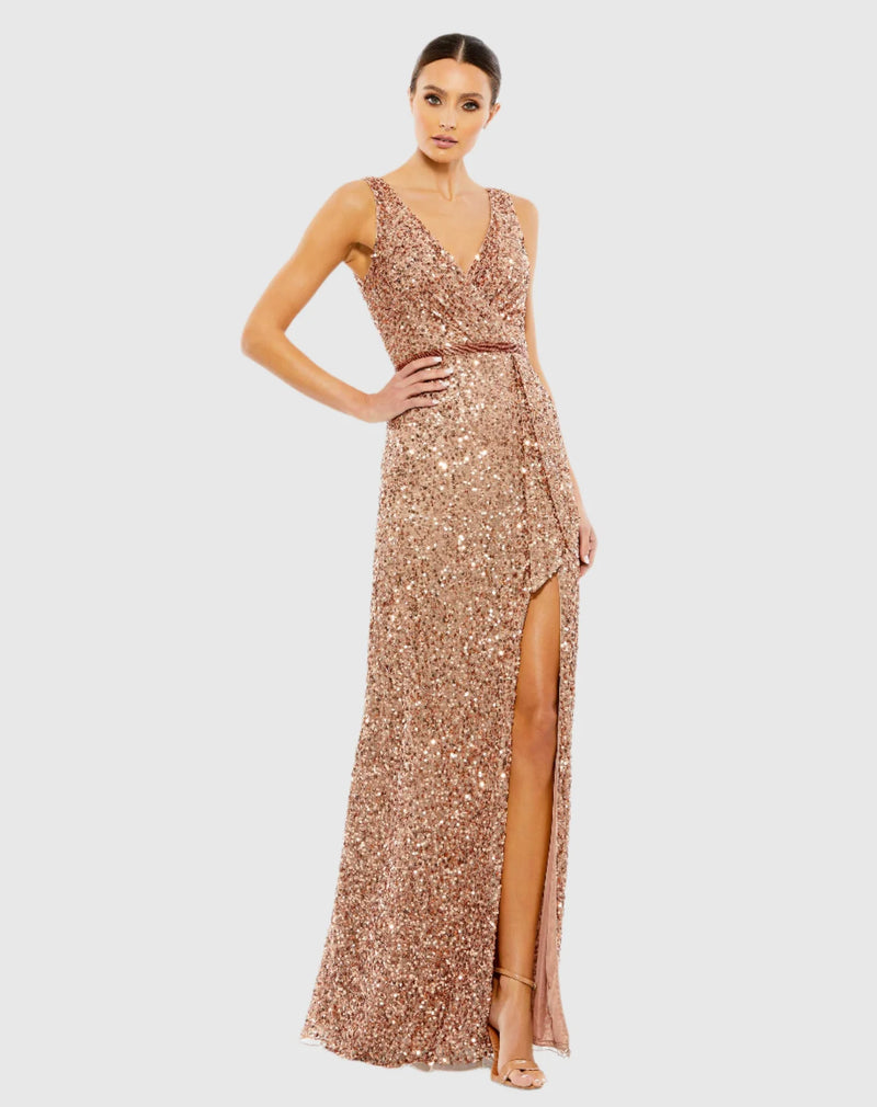 Mac Duggal, Sequin Sleeveless Plunge Neck Wrap Gown - Copper #5539