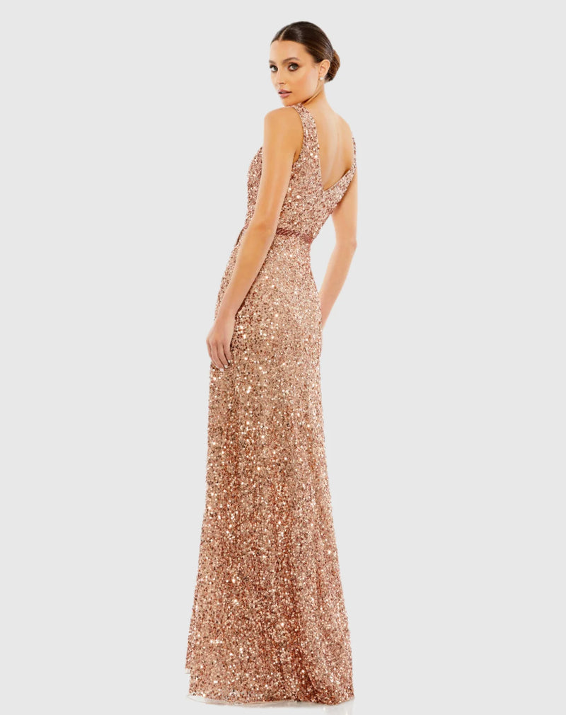 Sequin Sleeveless Plunge Neck Wrap Gown - Copper