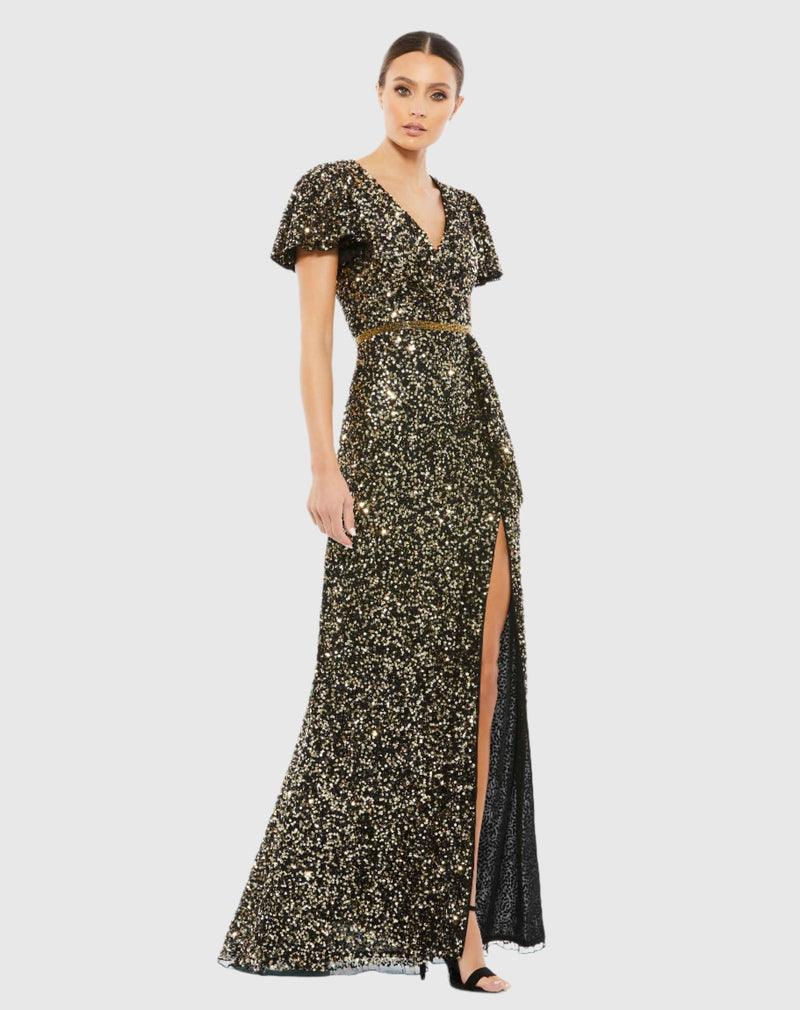 Mac Duggal, Sequined Wrap Over Butterfly Sleeve Draped Gown #5540