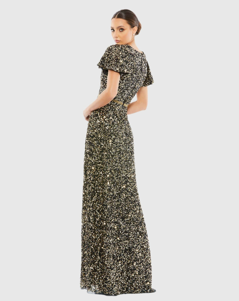 Sequin Wrap Over Butterfly Sleeve Dress - Black Gold