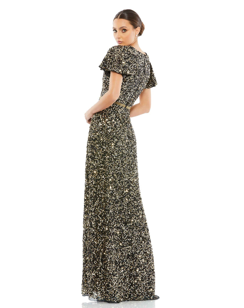 MAC DUGGAL, SEQUINED WRAP OVER BUTTERFLY SLEEVE DRAPED GOWN, BLACK GOLD, Style #5540 BACK VIEW