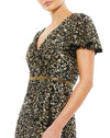 MAC DUGGAL, SEQUINED WRAP OVER BUTTERFLY SLEEVE DRAPED GOWN, BLACK GOLD, Style #5540 CLOSE UP