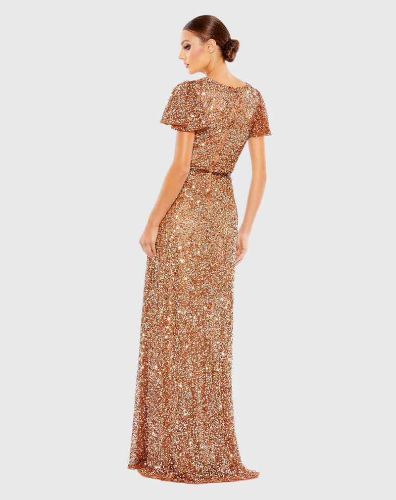 Sequin Wrap Over Butterfly Sleeve Dress - Copper