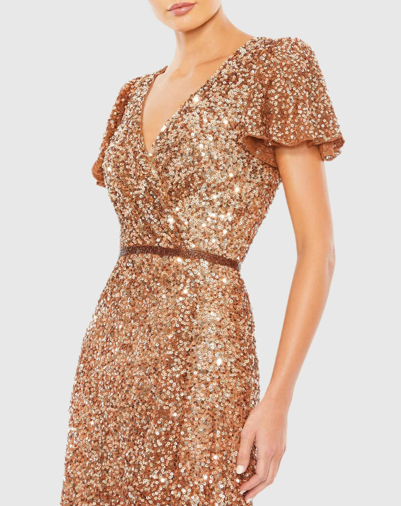 Sequin Wrap Over Butterfly Sleeve Dress - Copper