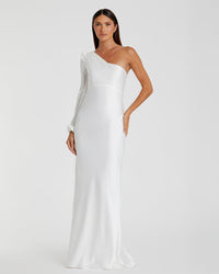 Mac Duggal White One Shoulder Blouson Sleeve Gown #55401